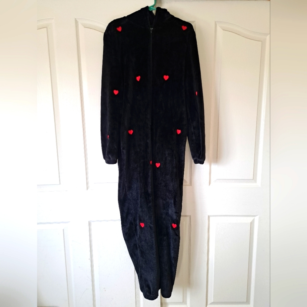 Victoria's Secret PINK - Black With Red Hearts Teddy Onesie
